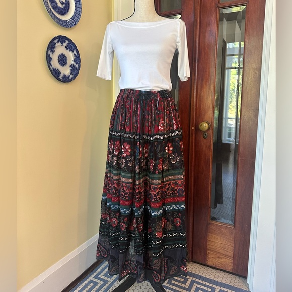 Vintage | Floral Boho 100% Cotton Broomstick Maxi Skirt, Size L - Picture 1 of 9